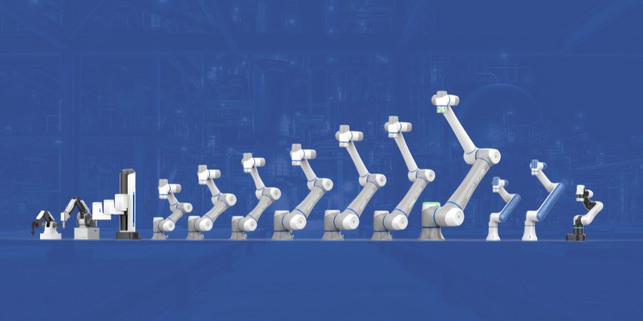 Dobot robotteja rivissä sinisellä taustalla